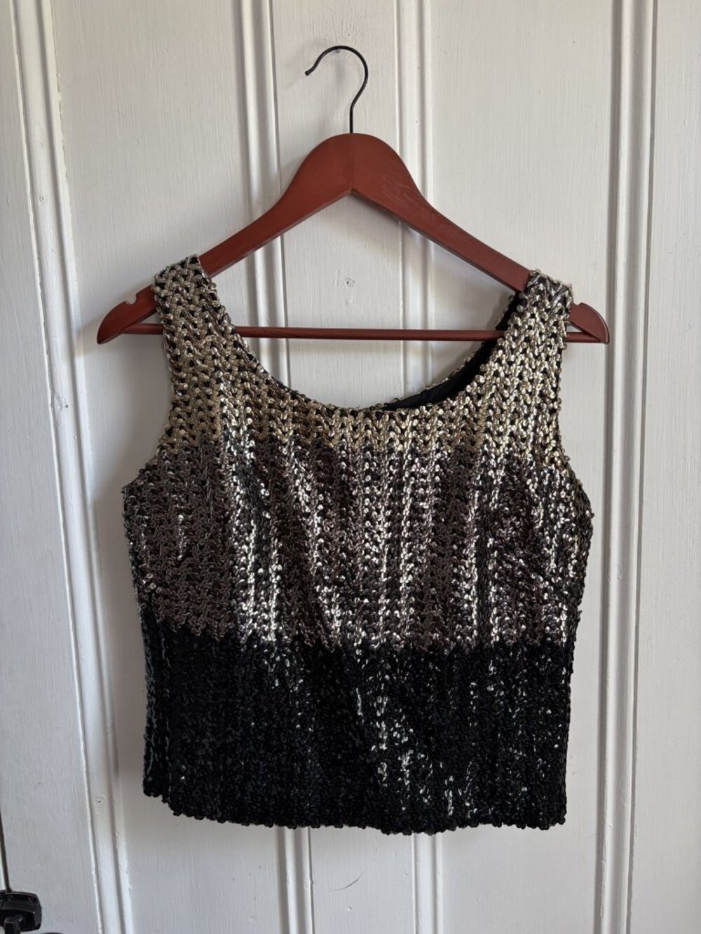 Vintage 60s Ombré Sequin Shell Top Gold Bronze Black Sleeveless Metal Zip S